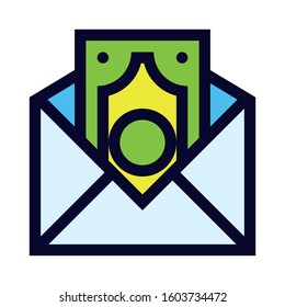 Send Money. Bill inside an Envelope. Simple Vector Color Icon.