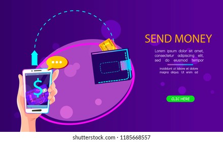 Send money cartoon vector neon illustration for web and mobile design with text and button. Man is sending money from credit card to his friend wallet via mobile app on smart phone.