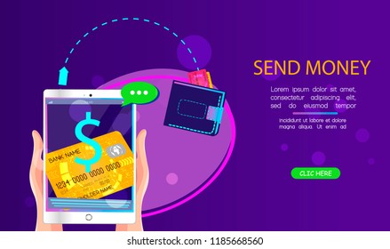 Send money cartoon vector neon illustration for web and mobile design with text and button. Man is sending money from credit card to his friend wallet via mobile app on tablet.