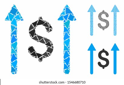 Send money composition of uneven pieces in various sizes and color tints, based on send money icon. Vector bumpy pieces are united into composition. Send money icons collage with dotted pattern.