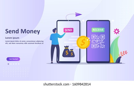 Send Money Concept, Money transfer to e-wallet, financial savings and online payment Suitable for web landing page, ui, mobile app, banner template. Vector Illustration