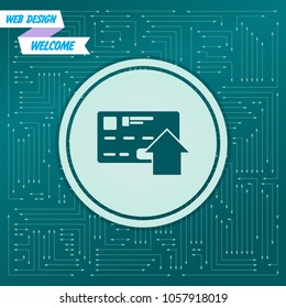 Send money with credit card icon on a green background, with arrows in different directions. It appears on the electronic board. Vector illustration