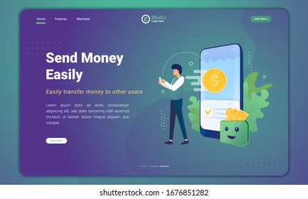 Send money easily using digital wallet application, e-wallet illustration on landing page