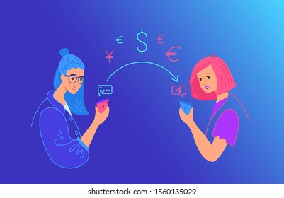 Send money gradient vector neon illustration for web and mobile design. Women sending money from credit card on smart phone to friend on mobile wallet via app. Young teenagers with financial symbols
