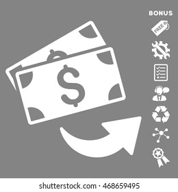 Send Money icon with bonus pictograms. Vector illustration style is flat iconic symbols, white color, gray background, rounded angles.