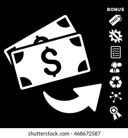 Send Money icon with bonus pictograms. Vector illustration style is flat iconic symbols, white color, black background, rounded angles.
