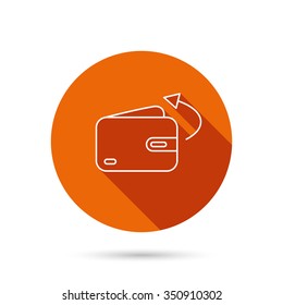 Send money icon. Cash wallet sign. Round orange web button with shadow.