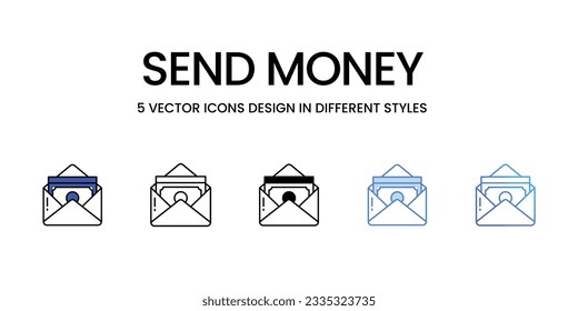 Diseño de iconos de envío de dinero en cinco estilos con pulsación editable. Línea, Sólido, Línea plana, Color de tono Duo y Línea de degradado de color. Adecuado para diseño de páginas Web, aplicaciones móviles, UI, UX y GUI.