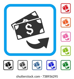 Send Money icon. Flat grey pictogram symbol inside a light blue rounded squared frame. Black, gray, green, blue, red, orange color additional versions of Send Money vector.