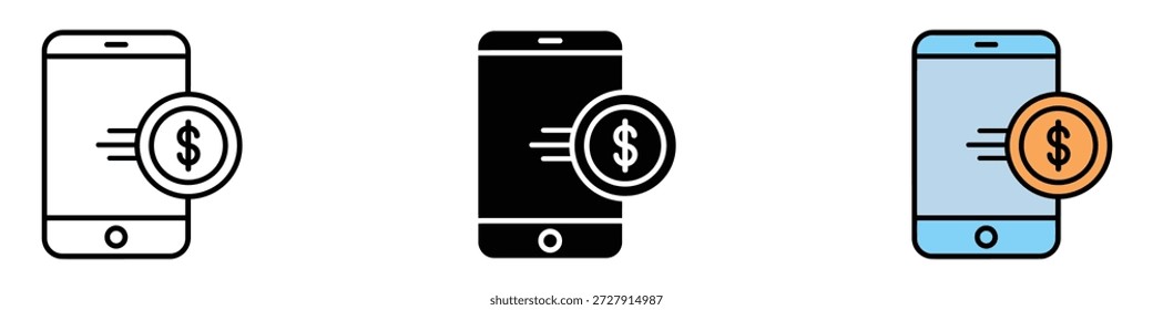 Enviar el Vector del conjunto de iconos de dinero. pago digital y transacciones financieras a través del símbolo del teléfono inteligente. Ilustración vectorial.