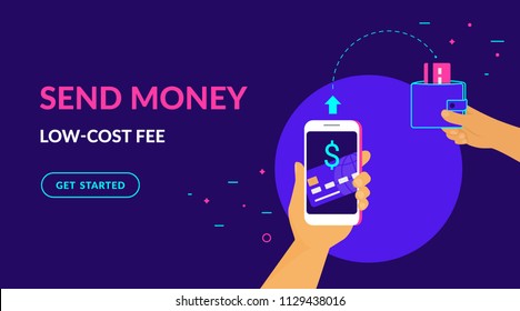 Send money low-cost fee flat vector neon illustration for ui ux web and mobile design with text and button. Man is sending money from credit card to his friend wallet via mobile app on smart phone