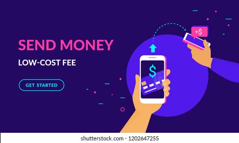 Send Money Low-cost Fee Flat Vector Neon Illustration For Web And Mobile Design With Text And Button. Man Sending Money From Credit Card On Smart Phone To His Friend Mobile Wallet Via Mobile App