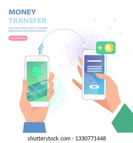 Send money low-cost fee flat vector neon illustration for ui ux web and mobile design with text and button. Man is sending money from credit card to his friend wallet via mobile app on smart phone