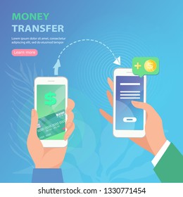 Send money low-cost fee flat vector neon illustration for ui ux web and mobile design with text and button. Man is sending money from credit card to his friend wallet via mobile app on smart phone