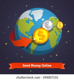 Send Money Online Concept. Arrow Around The Earth In Space. World Currencies Represented By Coins Flying Above The Globe. Flat Style Vector Icon.