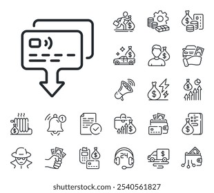 Enviar señal de pago de dinero. Dinero en efectivo, préstamos e iconos de esquema de hipoteca. Icono de línea de tarjeta de crédito. Recibir símbolo de transacción. Signo de línea de tarjeta. Tarjeta de crédito, icono de monedero cripto. Inflación, salario laboral. Vector