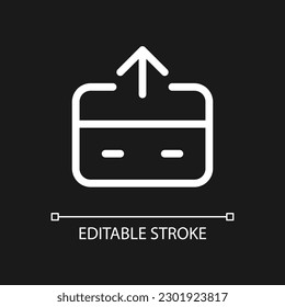 Enviar píxel de dinero icono de ui lineal blanco perfecto para el tema oscuro. Pago saliente. Tarjeta de crédito. Pictograma de la línea del vector. Símbolo de interfaz de usuario aislado para el modo nocturno. Trazo editable. Tipo de letra arial utilizado