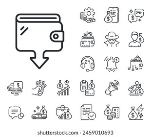 Send money purse sign. Cash money, loan and mortgage outline icons. Wallet line icon. Cash budget symbol. Wallet line sign. Credit card, crypto wallet icon. Inflation, job salary. Vector