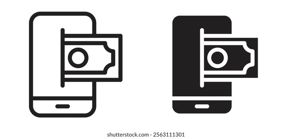 Send money smartphone icons in black line and filled versions