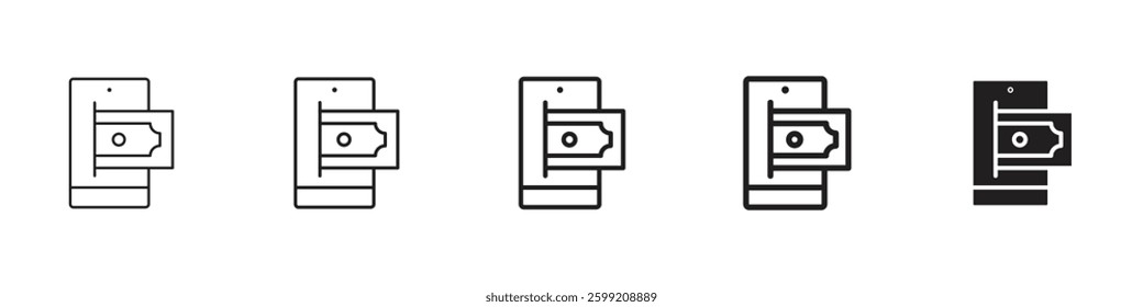 Send money smartphone icons in black outline, solid and colored style