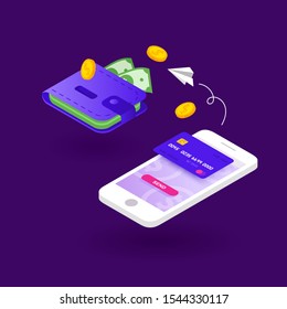 Send money. Smartphone. Online money transfer. Isometric. Vector