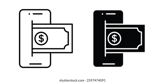 Send money smartphone vector icon set black filled and outlined style.