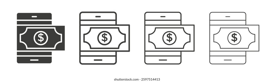 Send money smartphone vector icon set in black and white color.