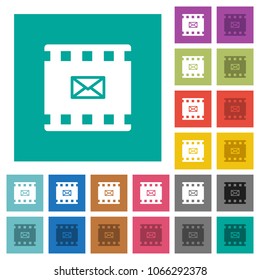 Send movie as email multi colored flat icons on plain square backgrounds. Included white and darker icon variations for hover or active effects.