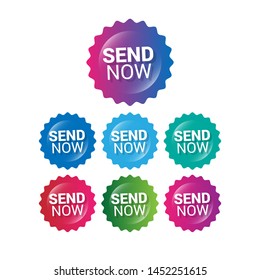 send now - glossy labels or tags. circle sticker with gradient color.trendy color. modern design.set 