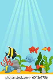 Send ocean bottom with green seaweed, beautiful shells, big stones, red starfish, sharp coral and bright exotic fishes. Sun rays breaks through blue water. Spectacular seascape vector illustration.