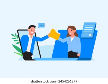 Send online document to business partners. Business exchange. Workers with folders. Sharing folder smartphone and laptop. Employees send file. vector cartoon illustration.