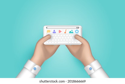 Enviar o abrir un mensaje en tu teléfono. Mano sosteniendo un dispositivo móvil. Pedido por correo. Mensajes de comunicación, comentarios. Concepto de servicio postal. Página web de la aplicación de correo. Ilustración vectorial 3d. 