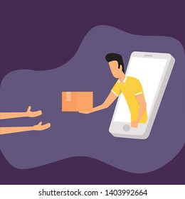 send package box online. man delivery package box from hand phone. delivery online - vector
