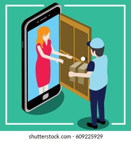 send parcel front the door that looks like a smart phone and gives the parcel to the customer.