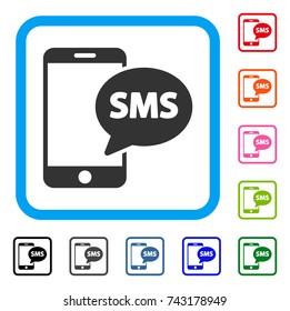 Send Phone SMS icon. Flat grey pictogram symbol in a light blue rounded rectangle. Black, gray, green, blue, red, orange color variants of Send Phone SMS vector. Designed for web and software UI.