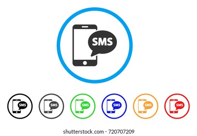 Send Phone SMS rounded icon. Style is a flat send phone sms gray symbol inside light blue circle with black, gray, green, blue, red, orange color versions.