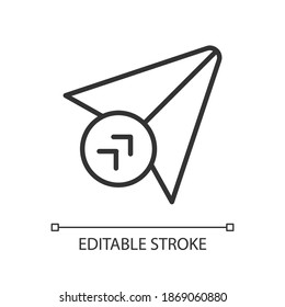 Send pixel perfect linear icon. Writing to different peple. Sharing media files with friends. Thin line customizable illustration. Contour symbol. Vector isolated outline drawing. Editable stroke