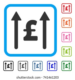 Send Pound icon. Flat grey iconic symbol inside a light blue rounded frame. Black, gray, green, blue, red, orange color variants of Send Pound vector. Designed for web and software interfaces.