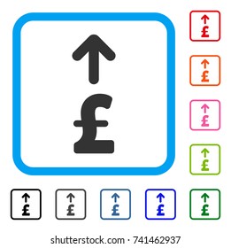 Send Pound icon. Flat grey iconic symbol in a light blue rounded rectangular frame. Black, gray, green, blue, red, orange color additional versions of Send Pound vector.