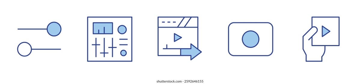 send, rec button, movie, settings, sound mixer. Multimedia Icon vector illustration. Line Duotone style. Editable stroke.