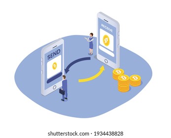 Send and receive bitcoins 3D isometric vector concept for banner, website, illustration, landing page, flyer, etc