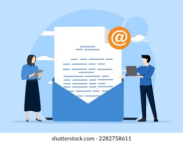 Send and receive email messages. People use electronic mail through computers. Character with laptop receiving email. New incoming sms, chat on social networks, spam. Email marketing campaign