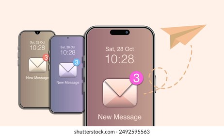Enviar y recibir correo electrónico, SMS desde el teléfono inteligente con el icono del avión de papel. Concepto de negocio de transferencia de mensajes. Vector.