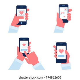 Send or receive love sms, letter, email with mobile phone. Valentine's day illustration. Human hand hold cellphone vector set.  Love chatting. Flat vector illustration isolated on white.