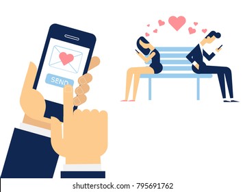 Send or receive love sms  mobile phone. Couple in love. Love chatting. Human hand hold cellphone. Flat vector illustration isolated on white.