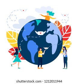 Send or receive message, email, letter. Small people stand near big letter. Poster for social media, web page, banner, presentation. Flat design vector illustration