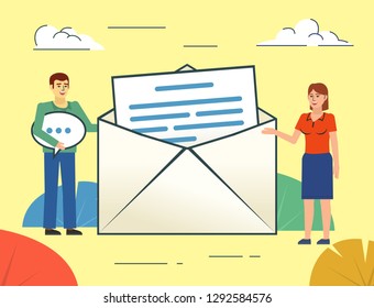 Send or receive message, email. Man and woman stand near big letter, envelope. Poster for web page, banner, social media, presentation. Flat design vector illustration