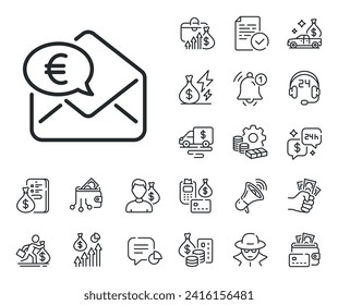 Send or receive money sign. Cash money, loan and mortgage outline icons. Euro via mail line icon. Euro money line sign. Credit card, crypto wallet icon. Inflation, job salary. Vector