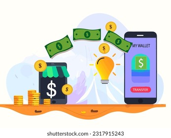  Send and receive money wireless with mobile phones. online wallet mobile app for fast exchange or send payments. Vector illustration.