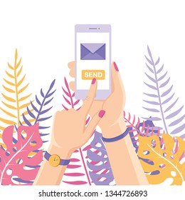 Send or receive sms, letter, email with white mobile phone. Human hand hold cellphone isolated on background. Smartphone message app. Vector flat design